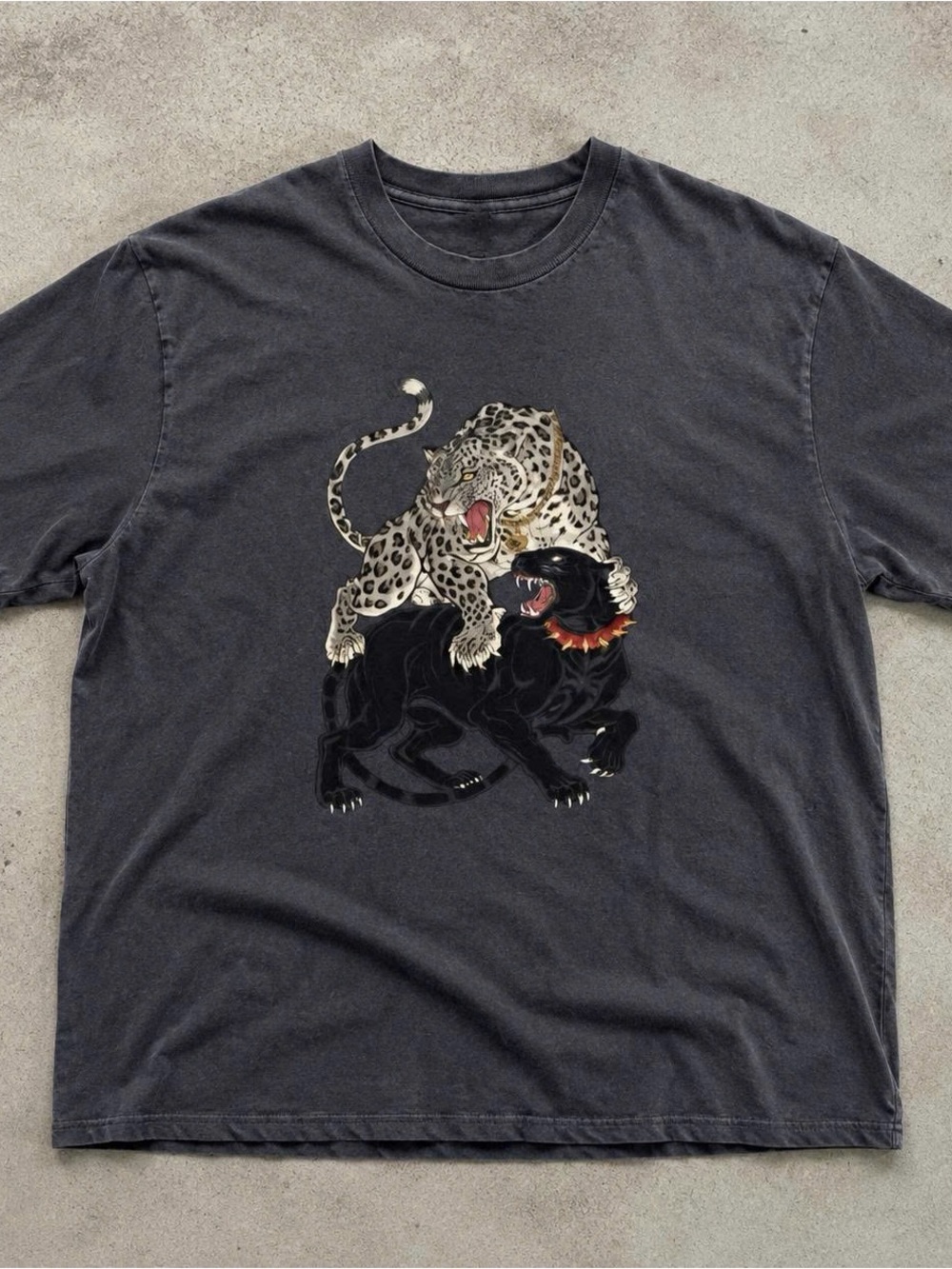 Gildan Charcoal Tee with Leopard and Black Panther Graphic